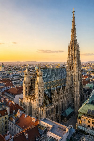 Wiener Innenstadt und Stephansdom bei Sonnenaufgang